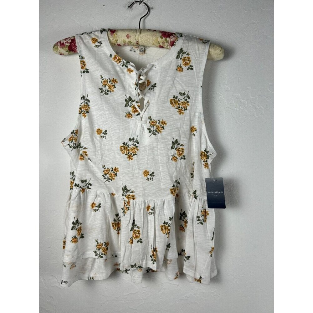 LUCKY BRAND Womens Floral Woven Lace-up Cami Top Sz Large Yellow Multicolor New